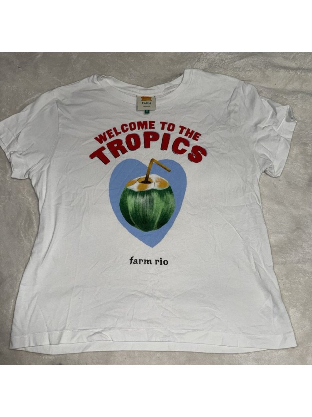 Farm Rio Womens M White Welcome To The Tropics Coconut Graphic T Shirt